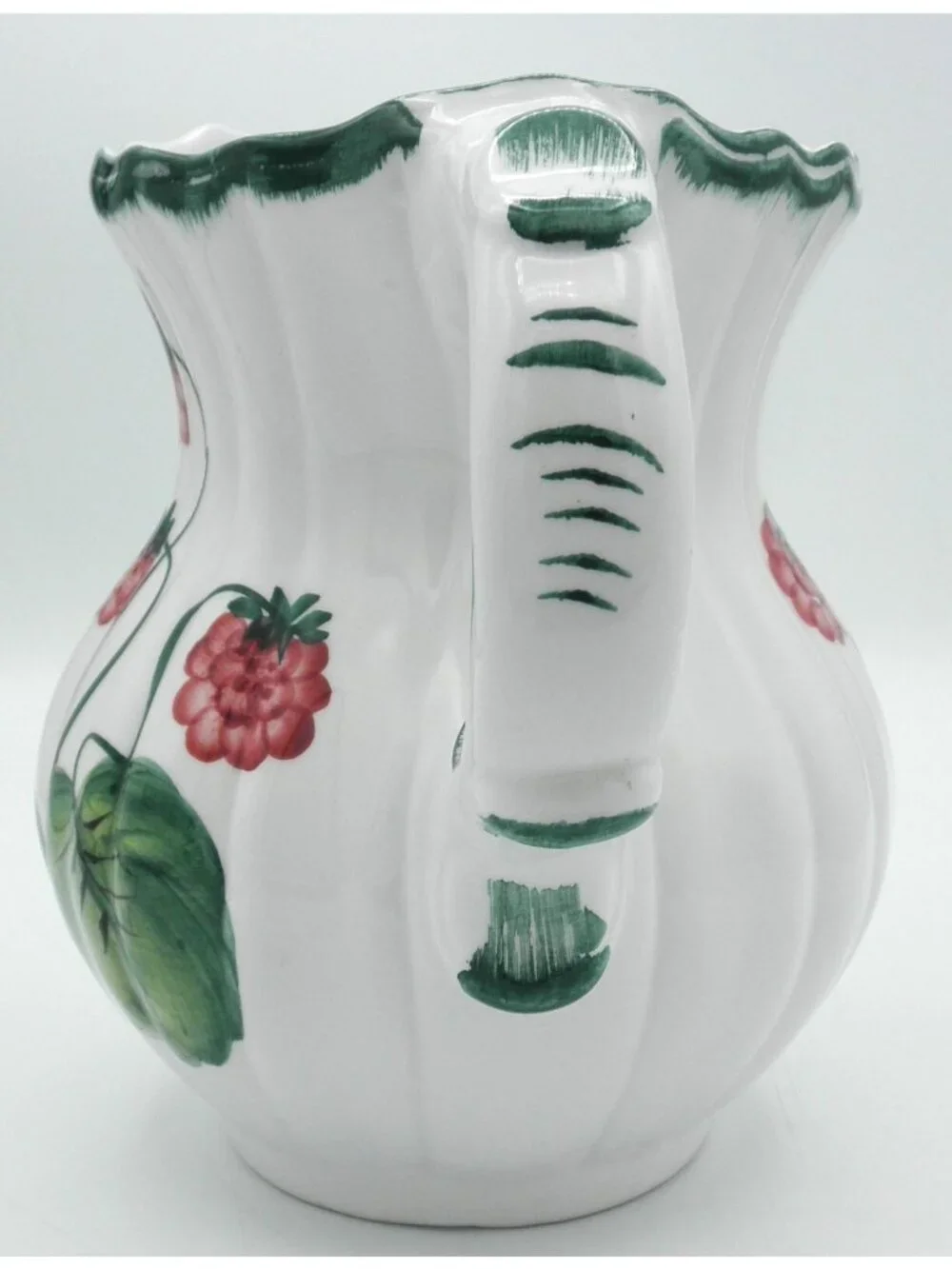 Italian Pottery Creamer Hand Painted Raspberries  Ribbed Ceramic Well Made